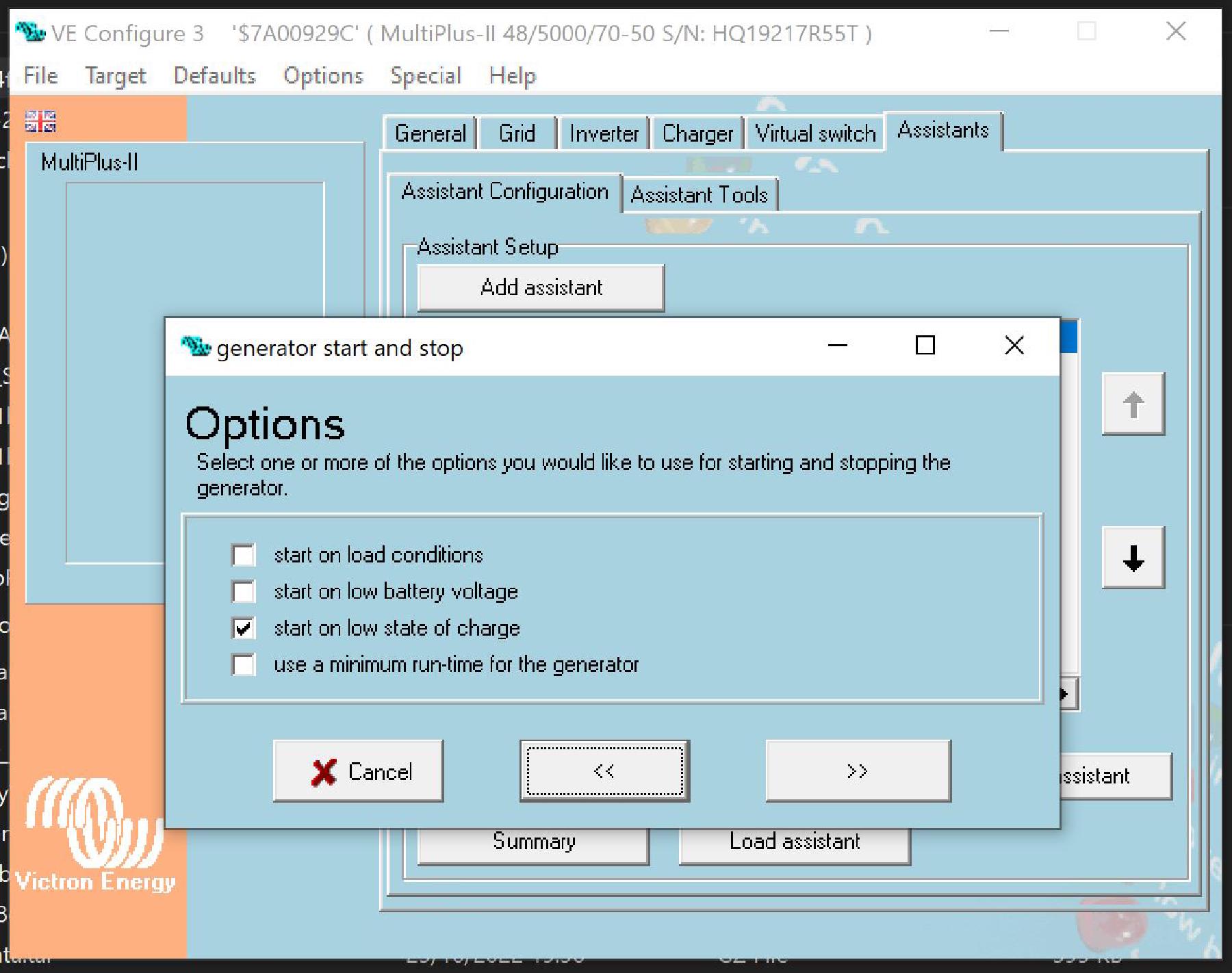Menu asistente arranque generador Multiplus II